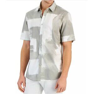 ALFANI All Cotton Painted Blocks Regular-Fit Stretch Printed Button-Down Shirt M